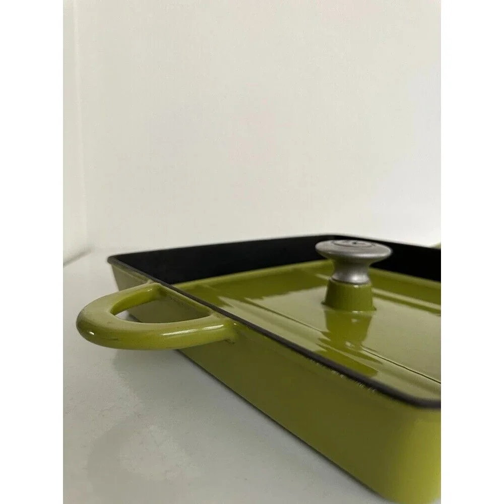 11” Mario Batali Green Enameled Cast Iron Grill Pan Panini Press with Lid Logo